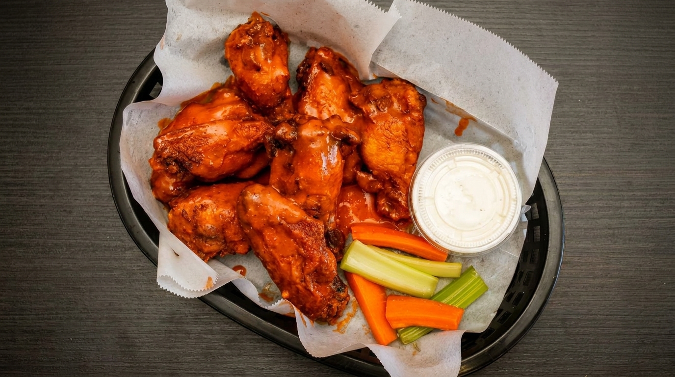 A basket of buffalo wings with ranch dressing, celery, and carrot sticks.