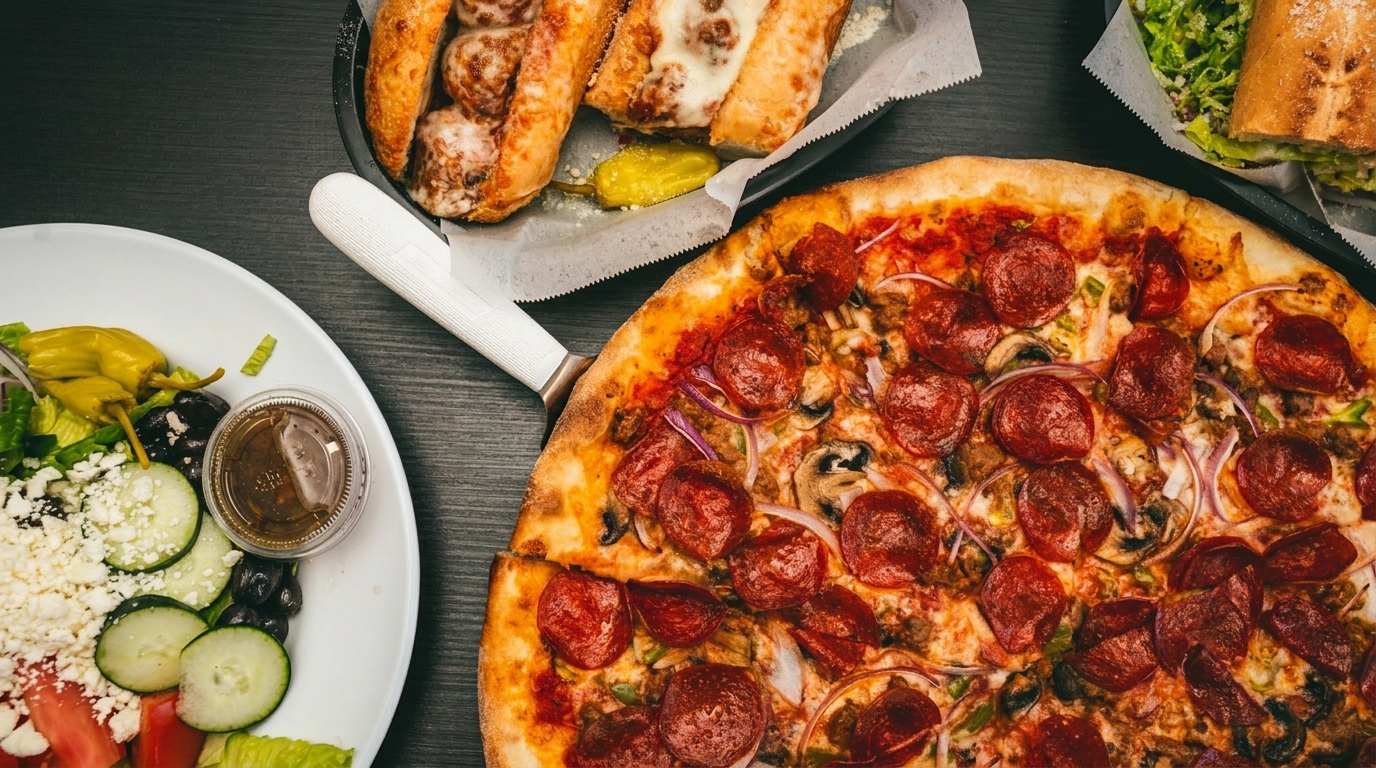 Pepperoni pizza, meatball subs, and a Greek salad with dressing on a dark table.